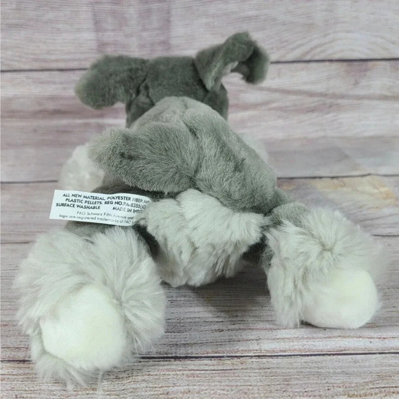 FAO Schwarz Plush Schnauzer Stuffed Animal Dog Beanbag Gray Laying 11" - Picture 3 of 4